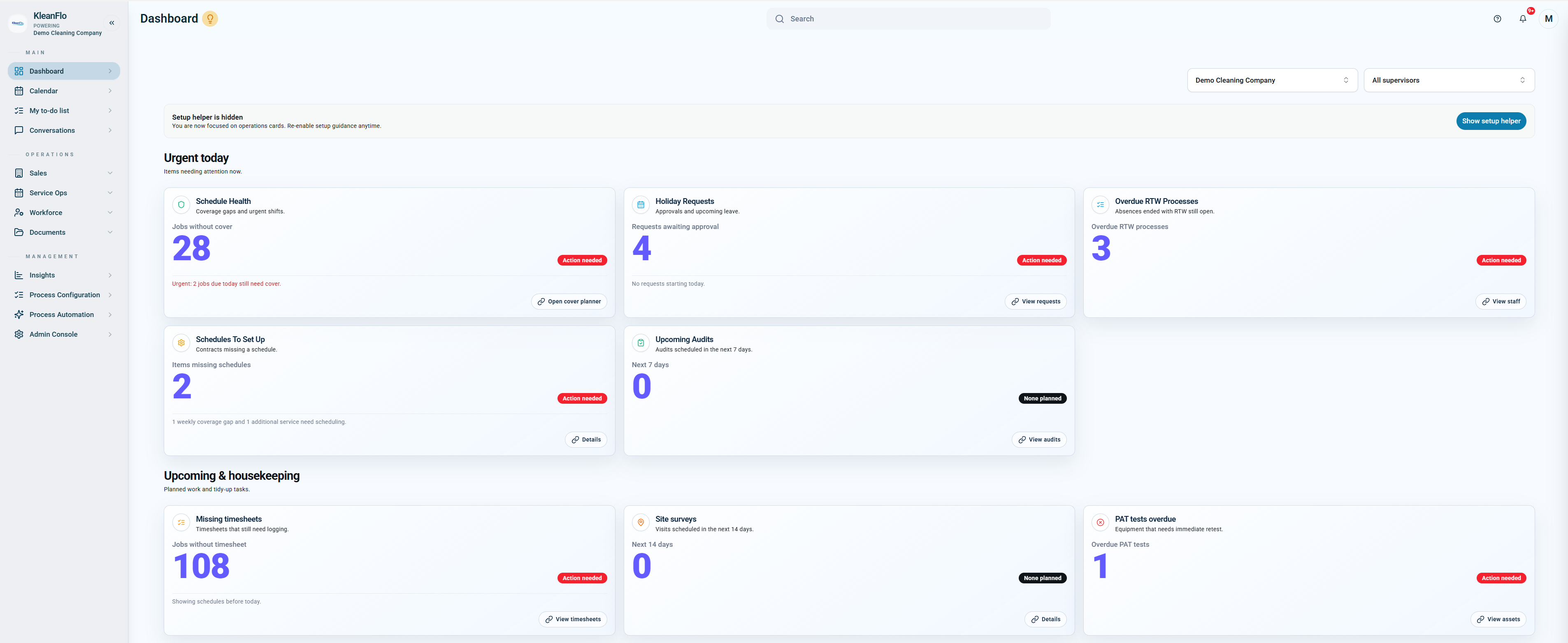 KleanFlo dashboard showing urgent today cards, schedules to set up, upcoming audits, missing timesheets, site surveys, and PAT tests overdue