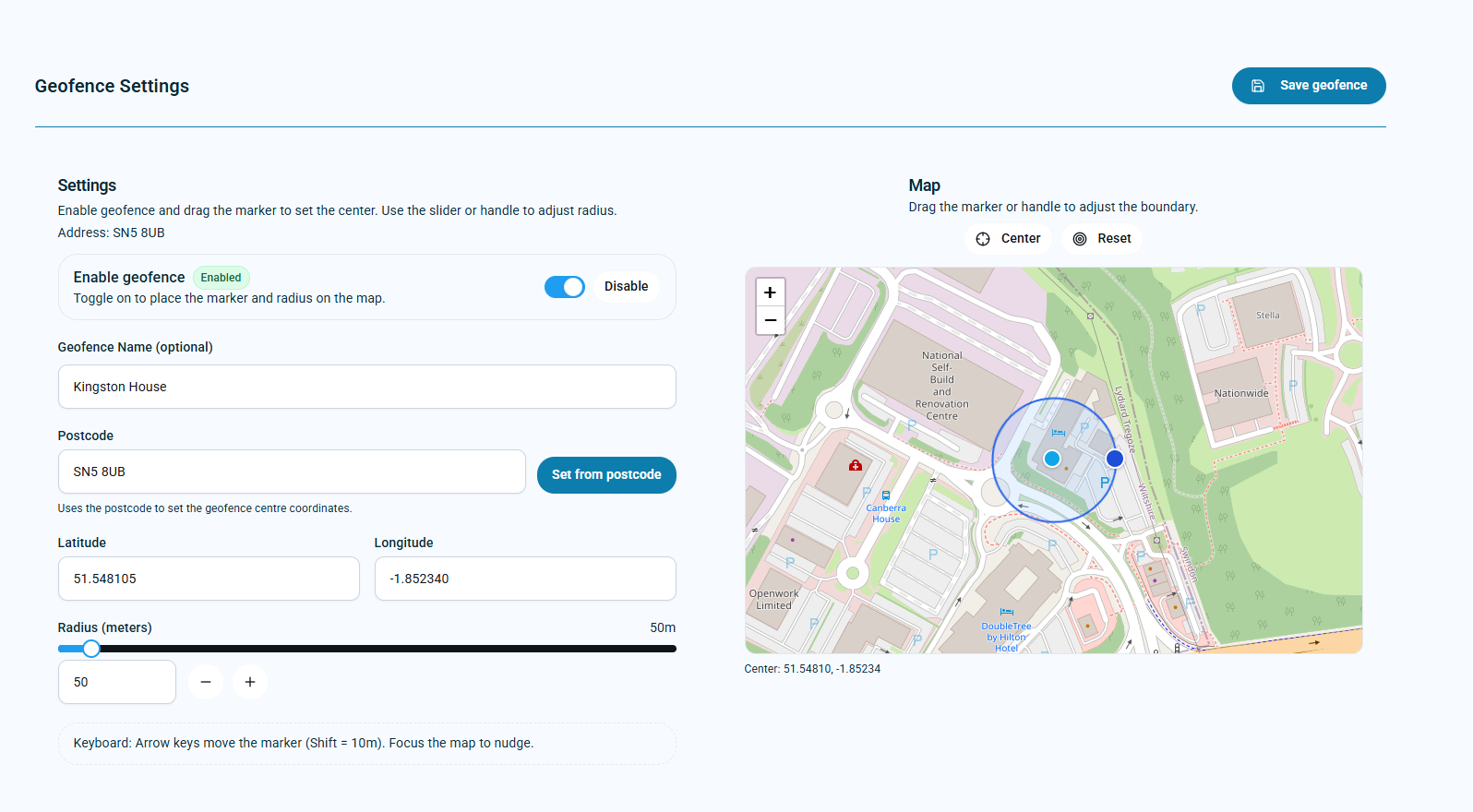 Geofence settings map and radius