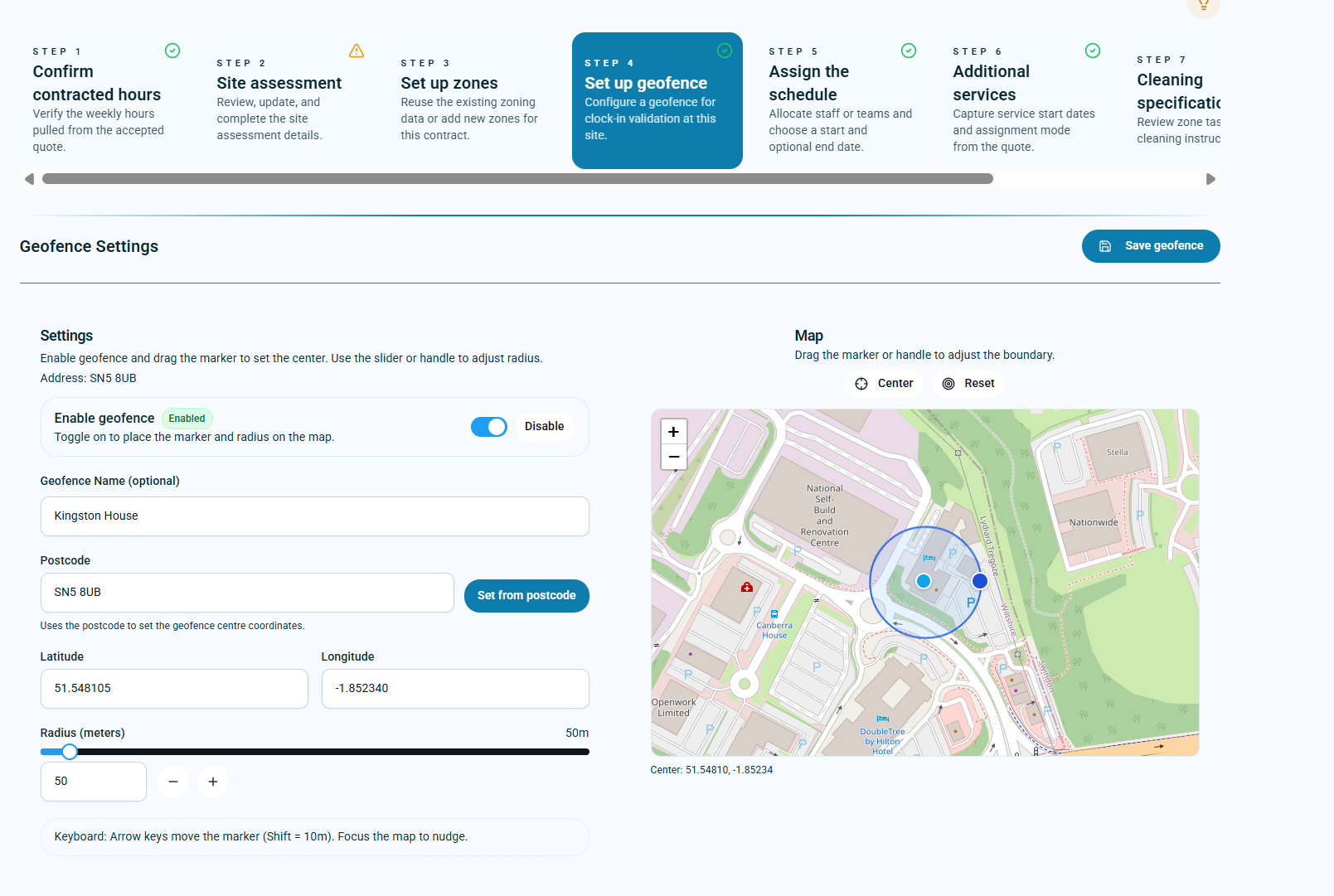 Quotation Wizard Set up geofence step
