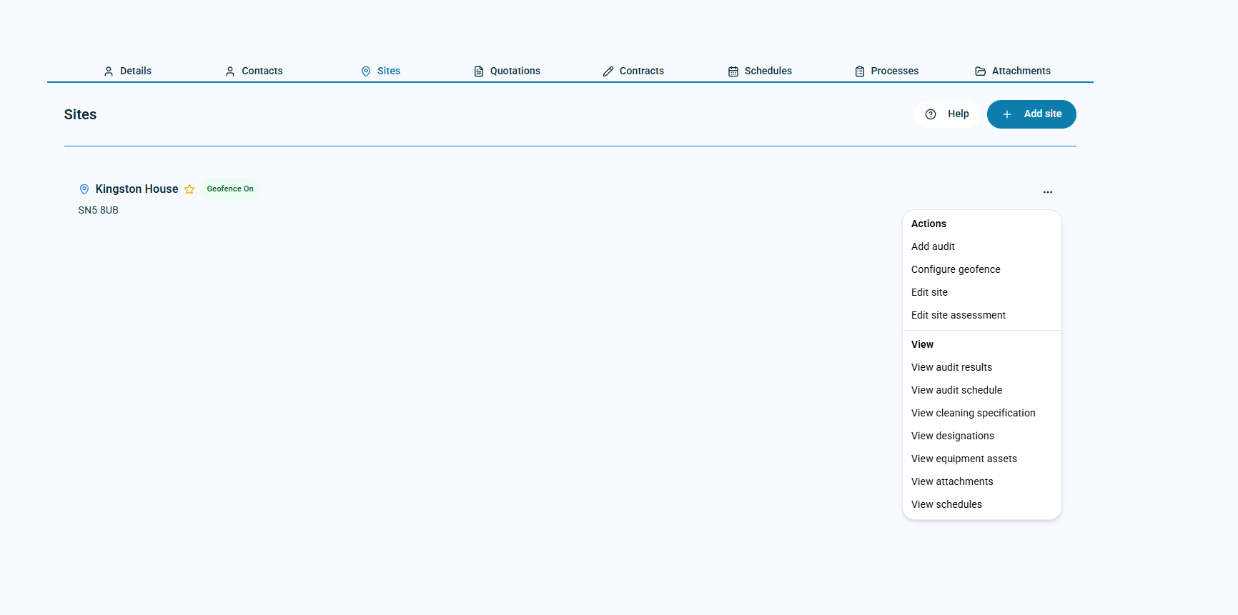 Site action menu with Configure geofence