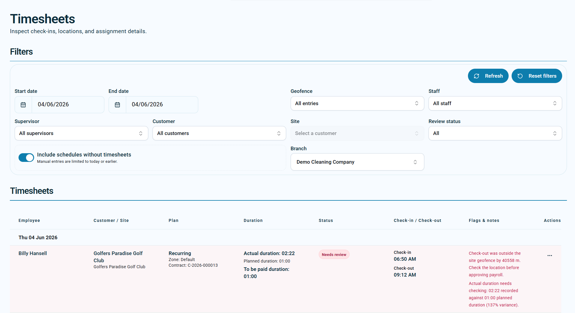 Timesheets outside geofence warning