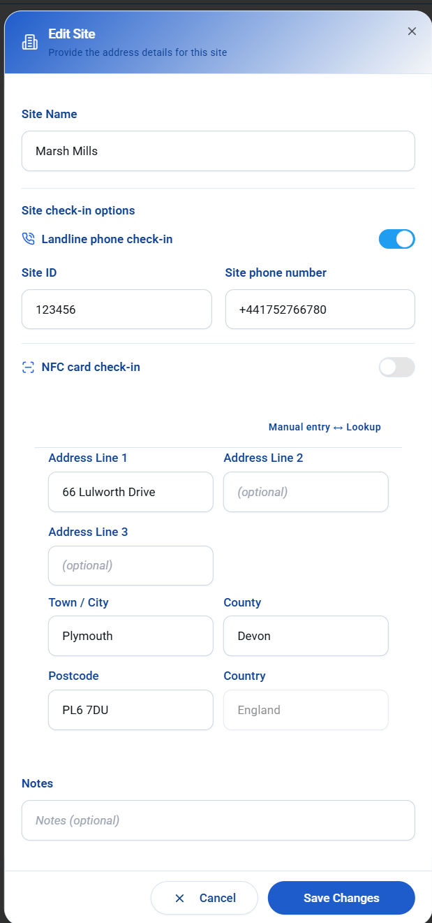 Site edit dialog showing landline phone check-in, site ID, and site phone number
