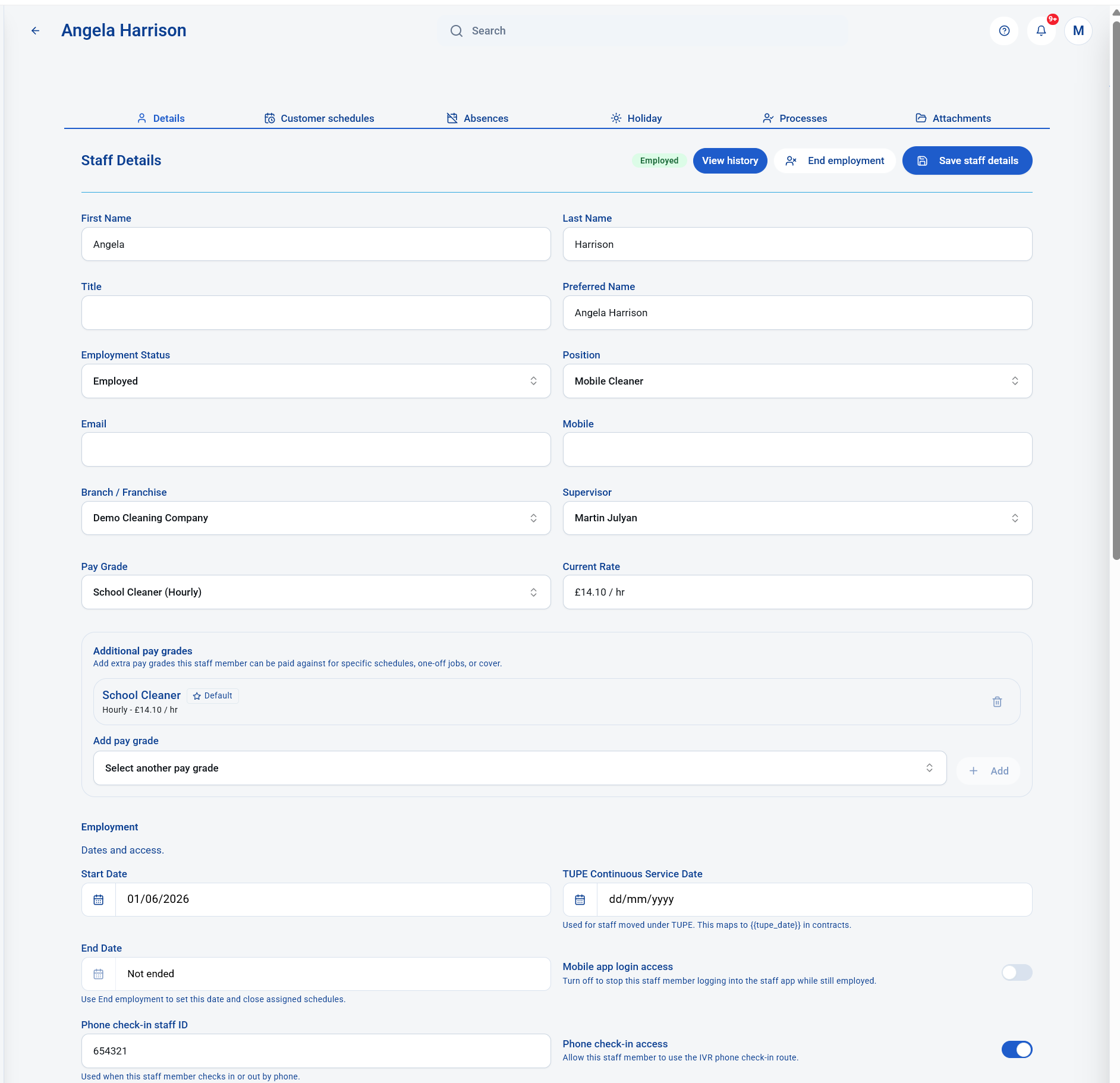 Staff details showing phone check-in staff ID and phone check-in access