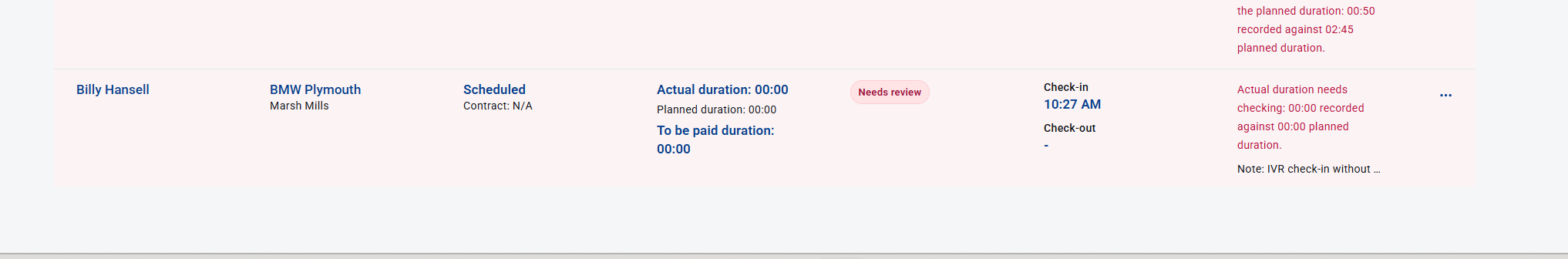 Timesheets row showing IVR check-in needs review