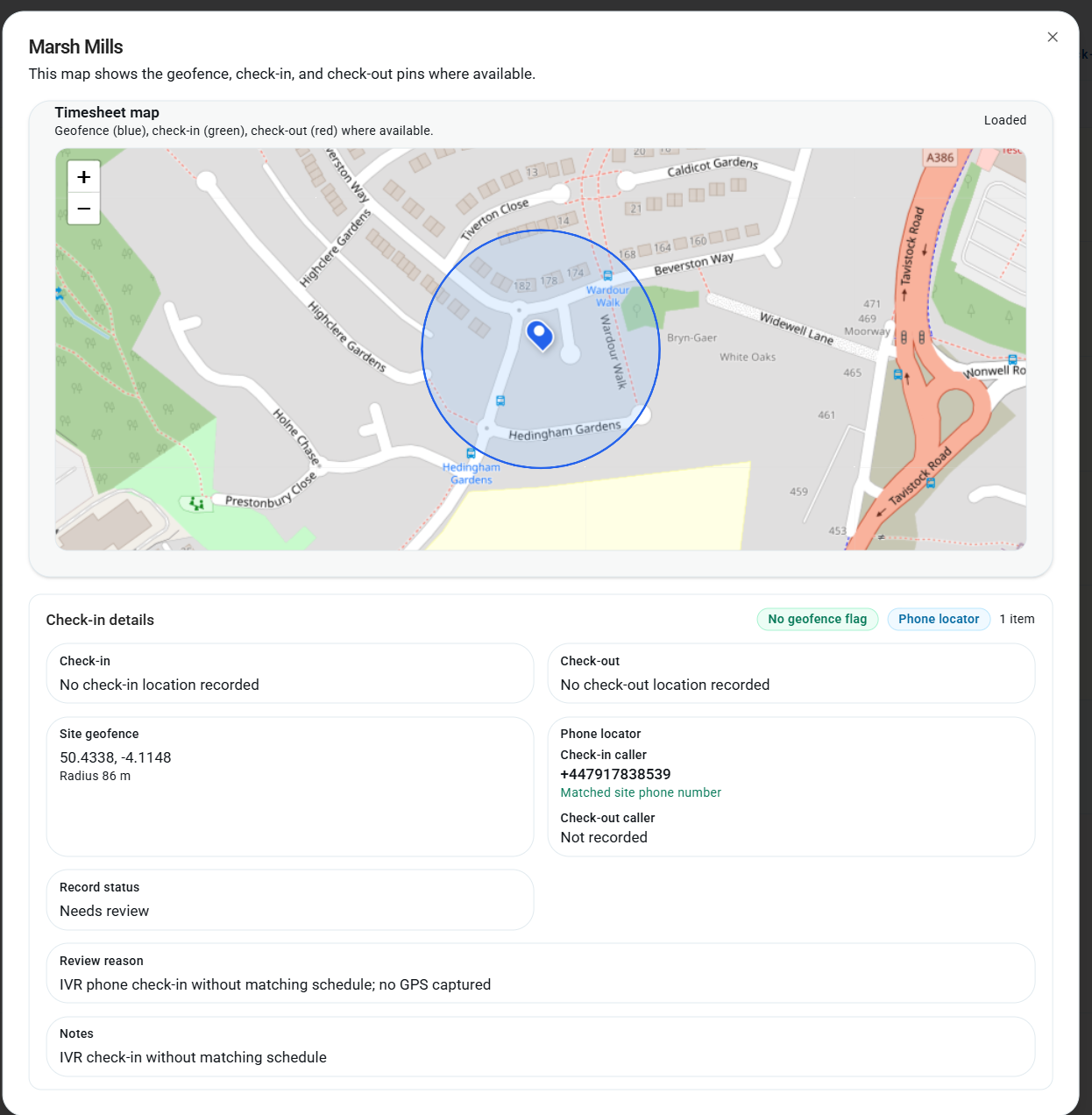Timesheet map dialog showing phone locator and IVR review reason