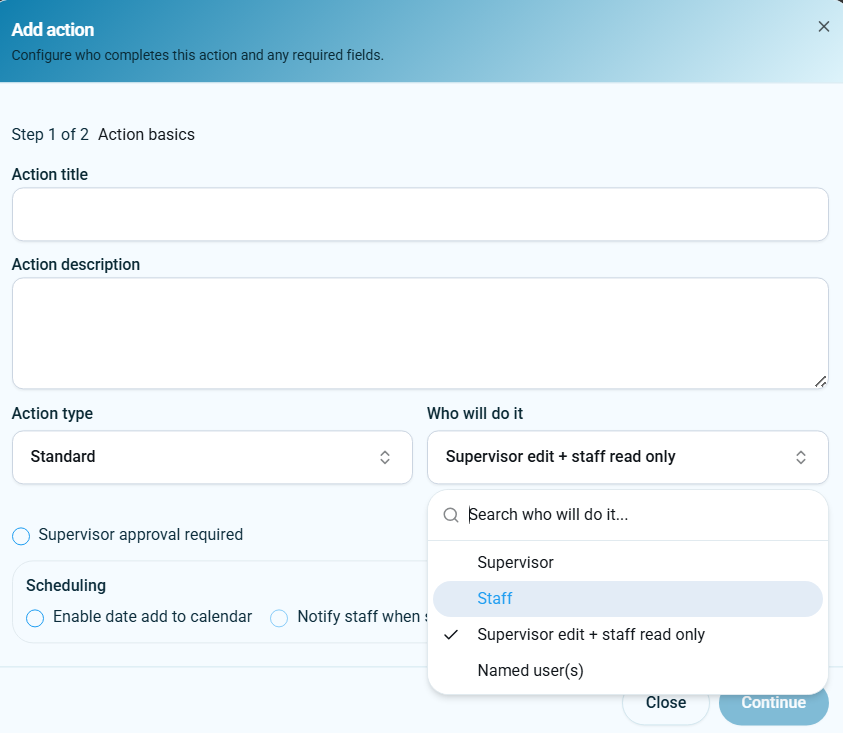 Add action screen showing who will do it options