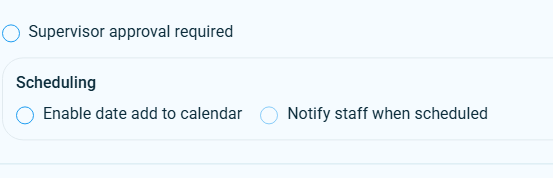 Scheduling options with enable date add to calendar and notify staff when scheduled
