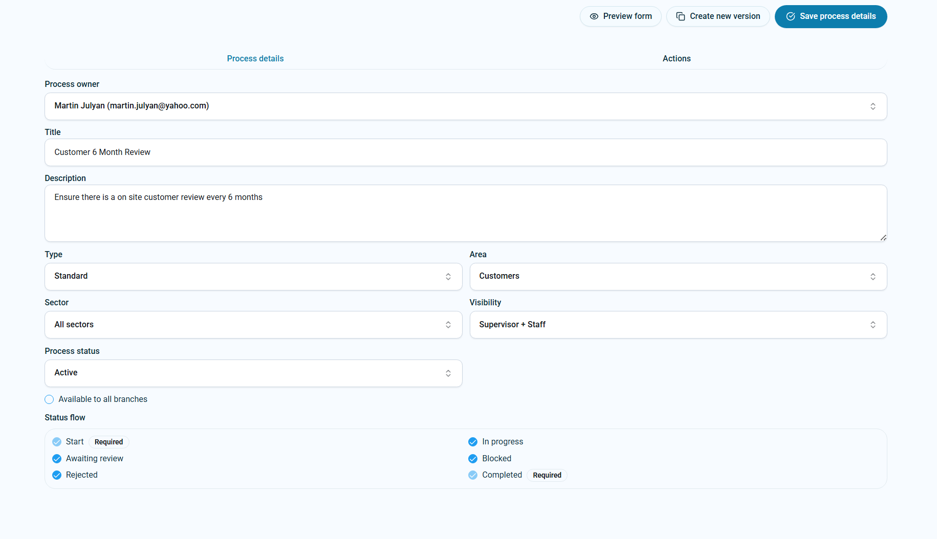 Process details screen showing process status Active and save process details button