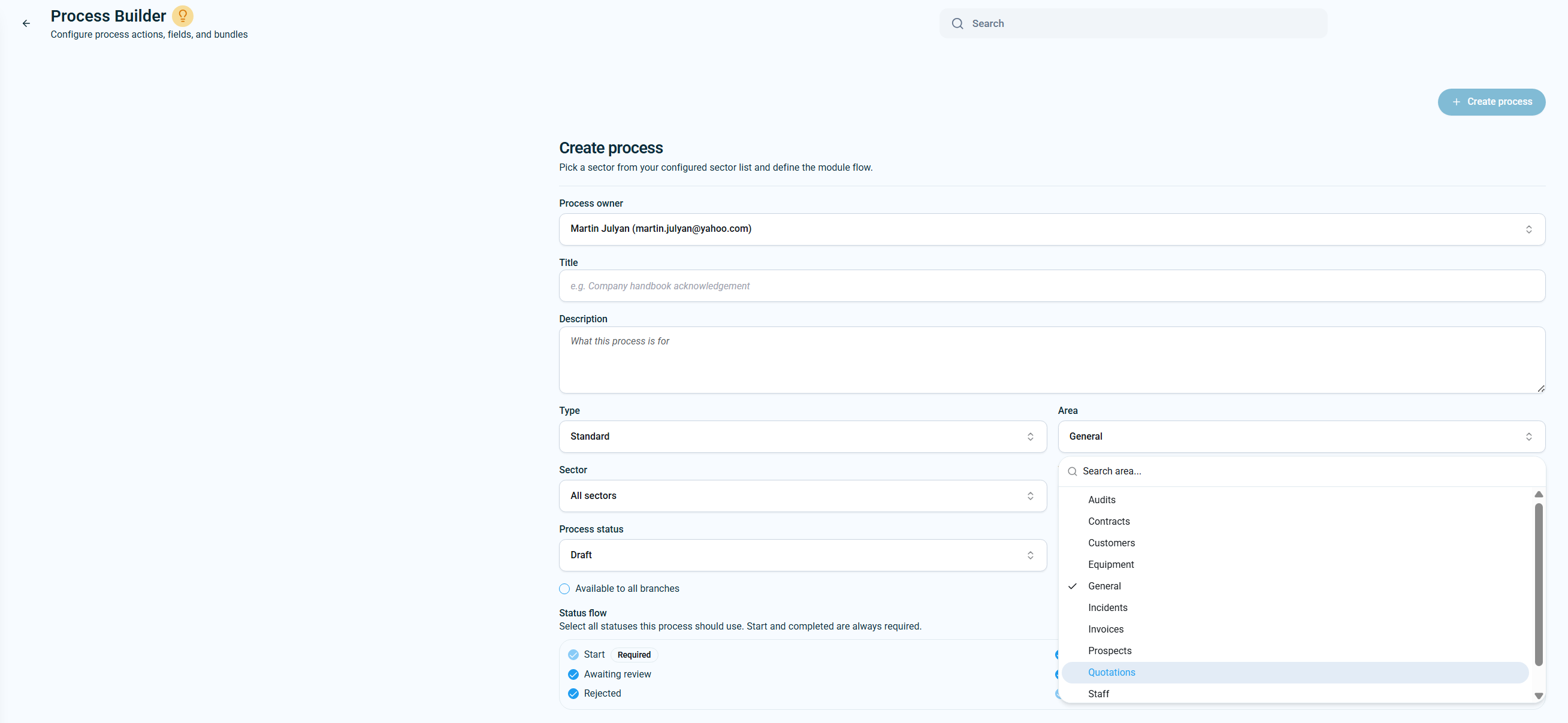 Process Builder area dropdown showing areas including customers staff quotations and more