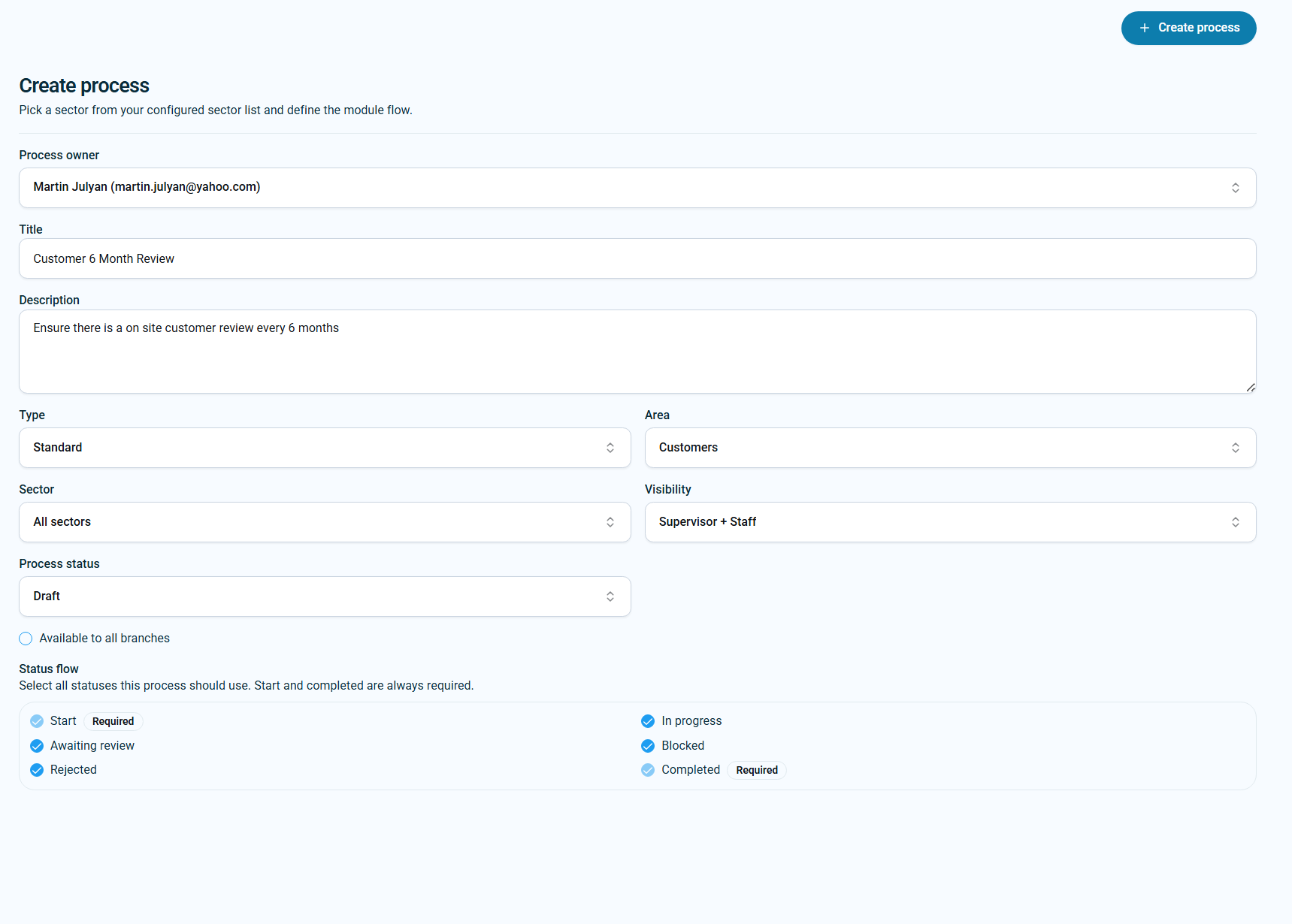 Create process example for Customer 6 Month Review