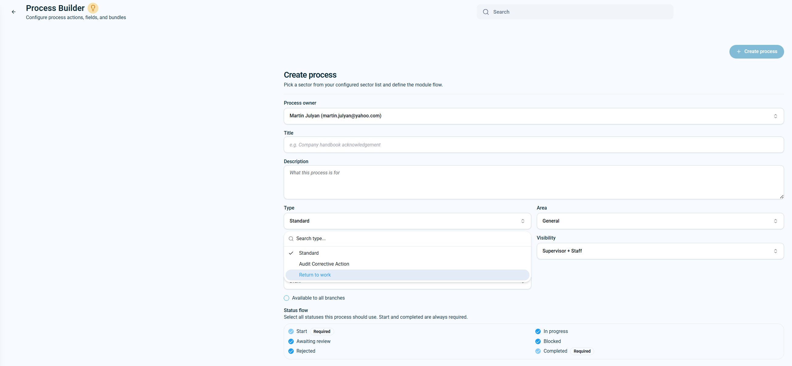 Process Builder create process screen showing process type options