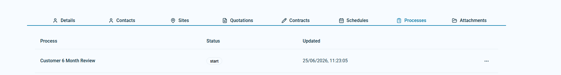 Customer record Processes tab showing Customer 6 Month Review process