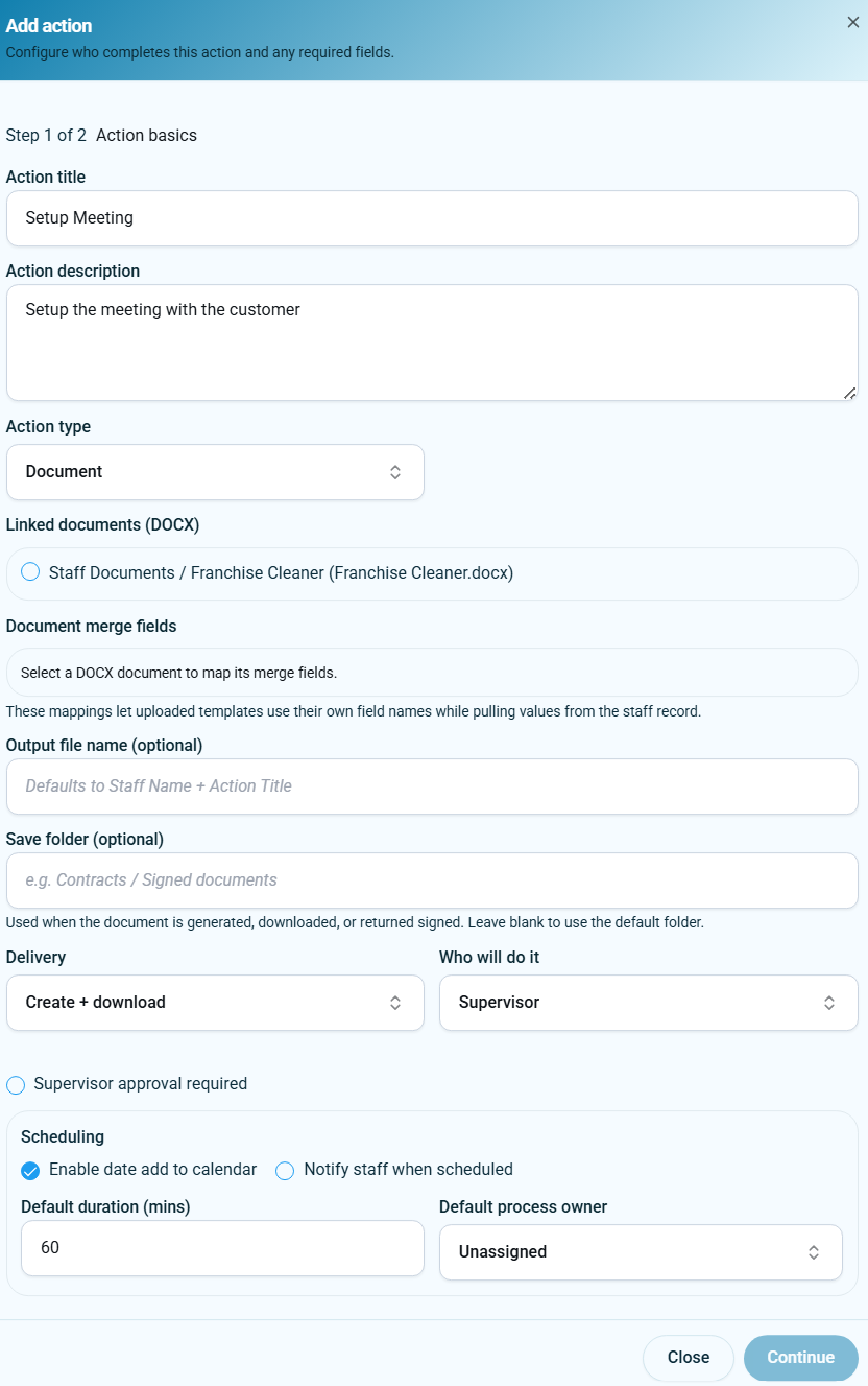 Document action setup with linked document merge fields output file name and delivery