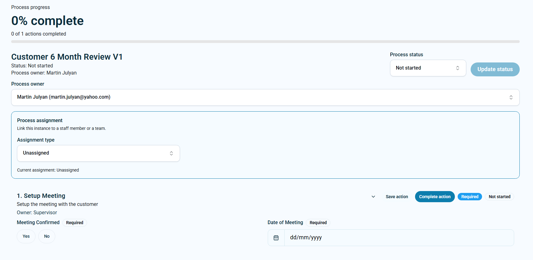 Running process instance showing process assignment and required action fields