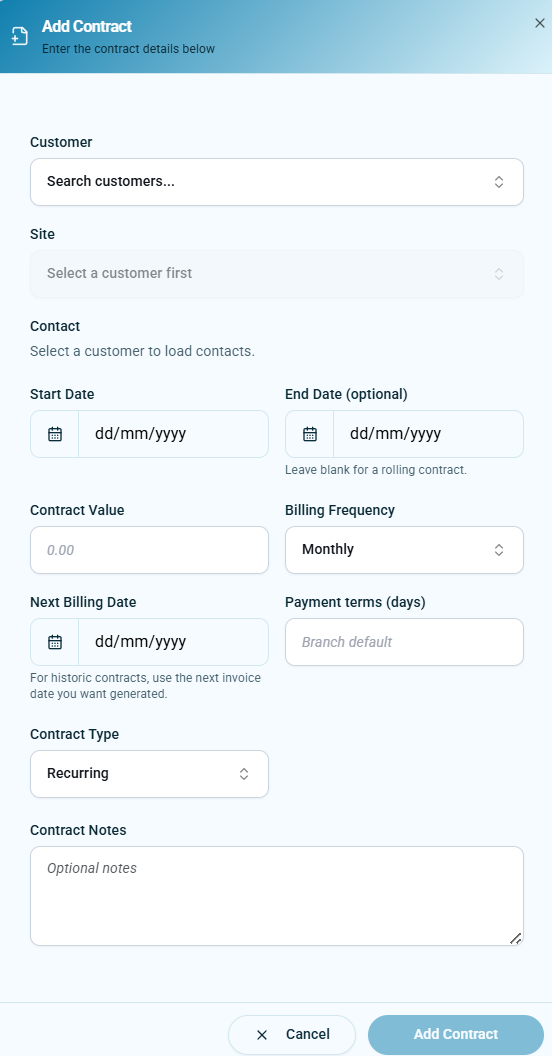 Add Contract dialog showing customer, site, start date, end date, billing frequency, contract type, and notes