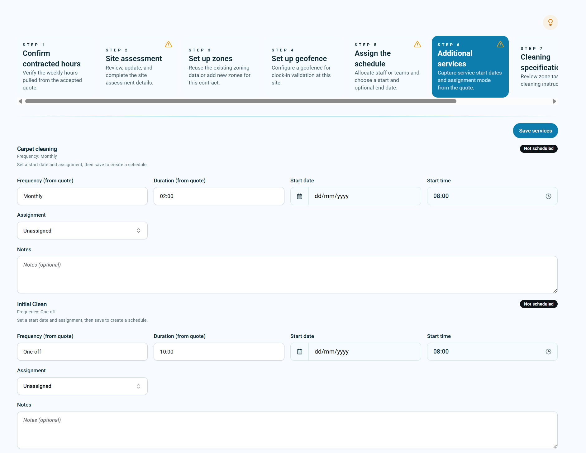 Schedule Wizard additional services step showing quoted services with frequency, duration, start date, start time, assignment, and scheduling status