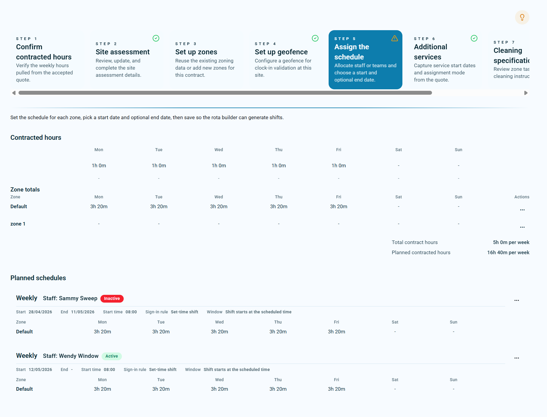 Assign schedule page showing inactive and active planned schedules