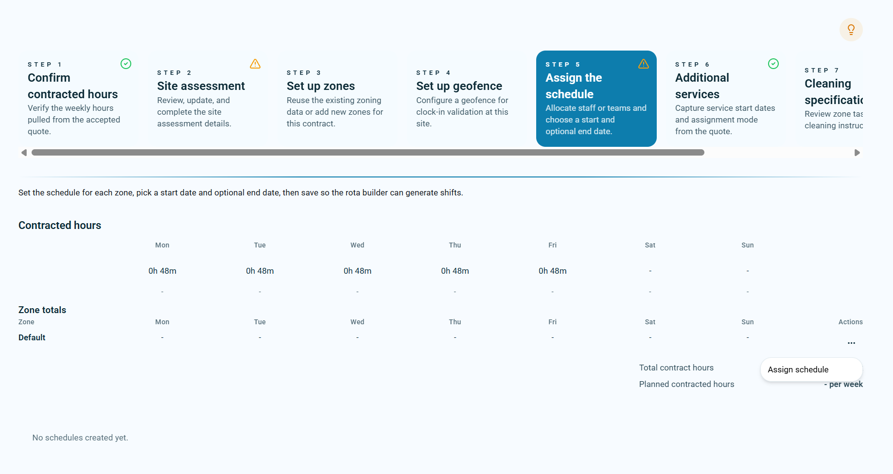Assign schedule page showing contracted hours and no schedules created yet