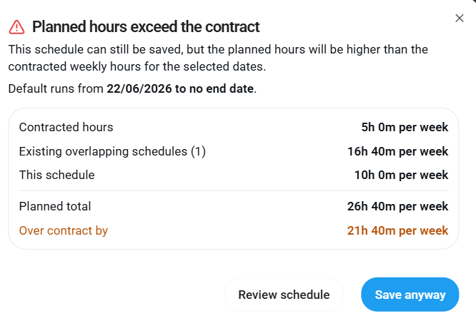 Planned hours exceed contract warning dialog