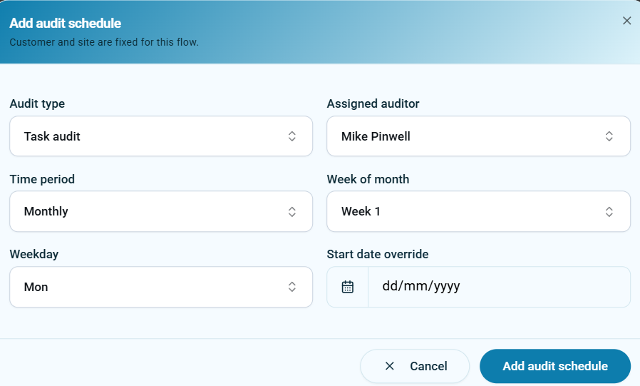 Add audit schedule dialog showing audit type, assigned auditor, time period, week of month, weekday, and start date override