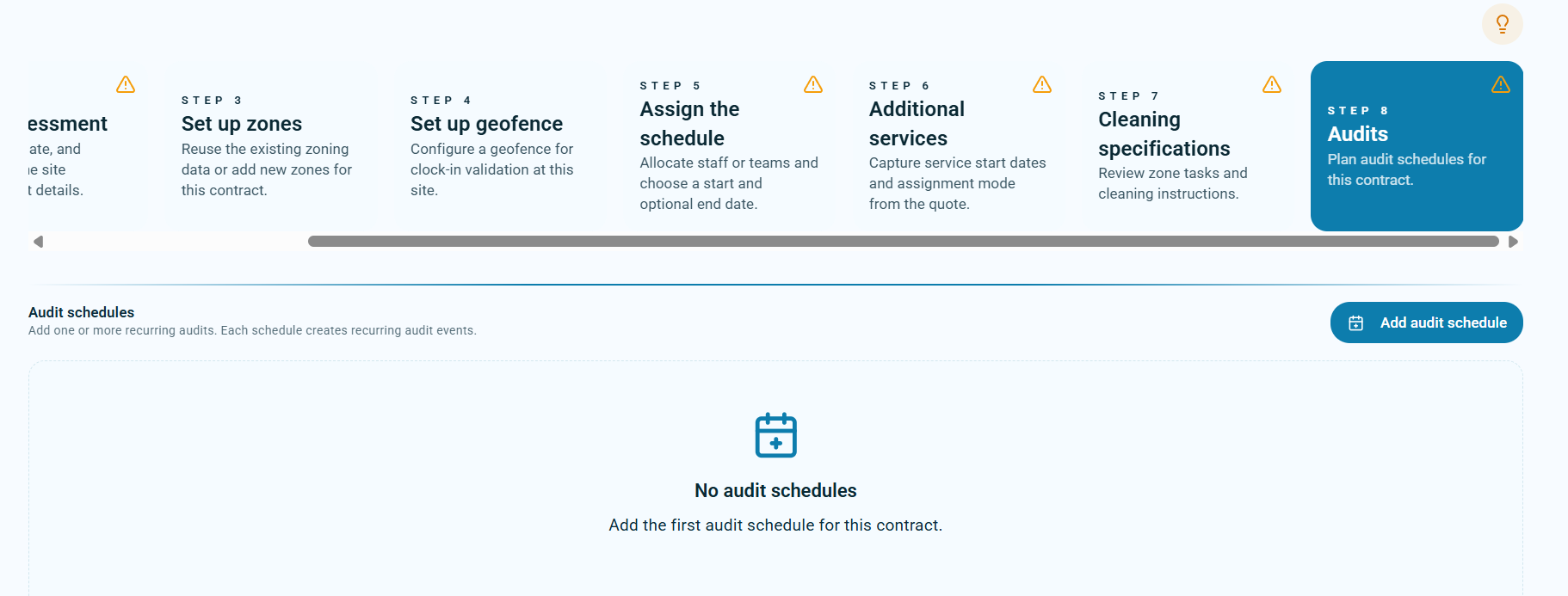 Schedule Wizard audits step showing no audit schedules and Add audit schedule button