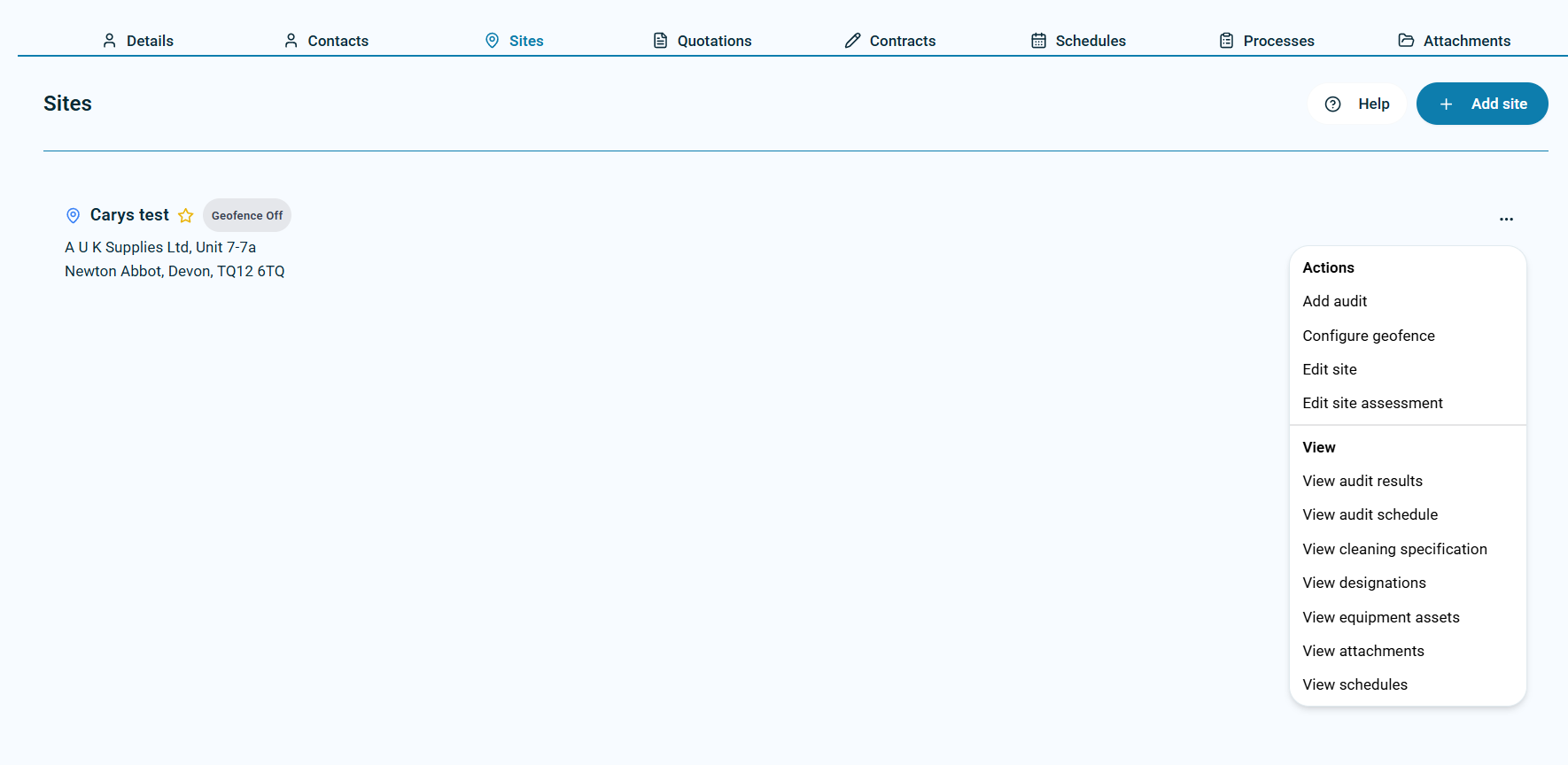 Site actions menu showing View cleaning specification