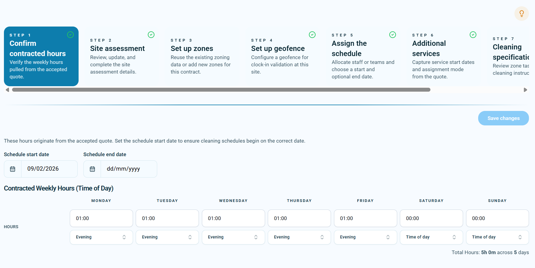 Schedule Wizard confirm contracted hours step showing start date, end date, weekly hours, and time of day