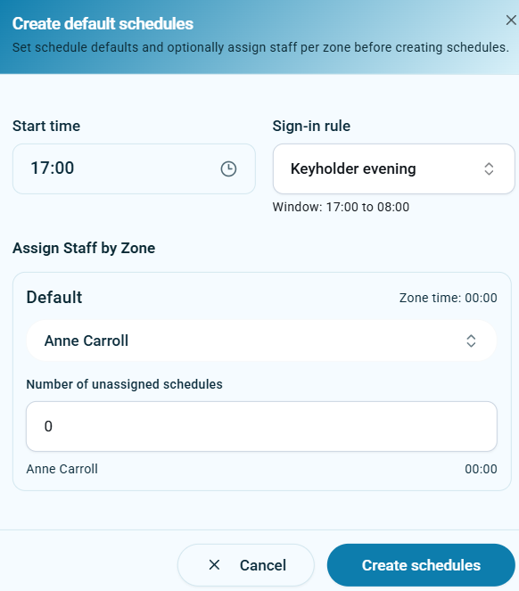 Create default schedules dialog with staff selected and keyholder evening rule