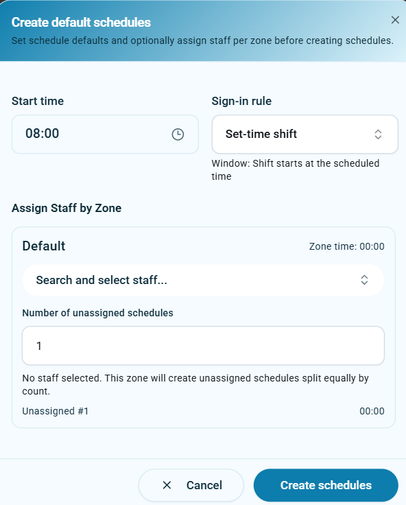 Create default schedules dialog with unassigned schedule count