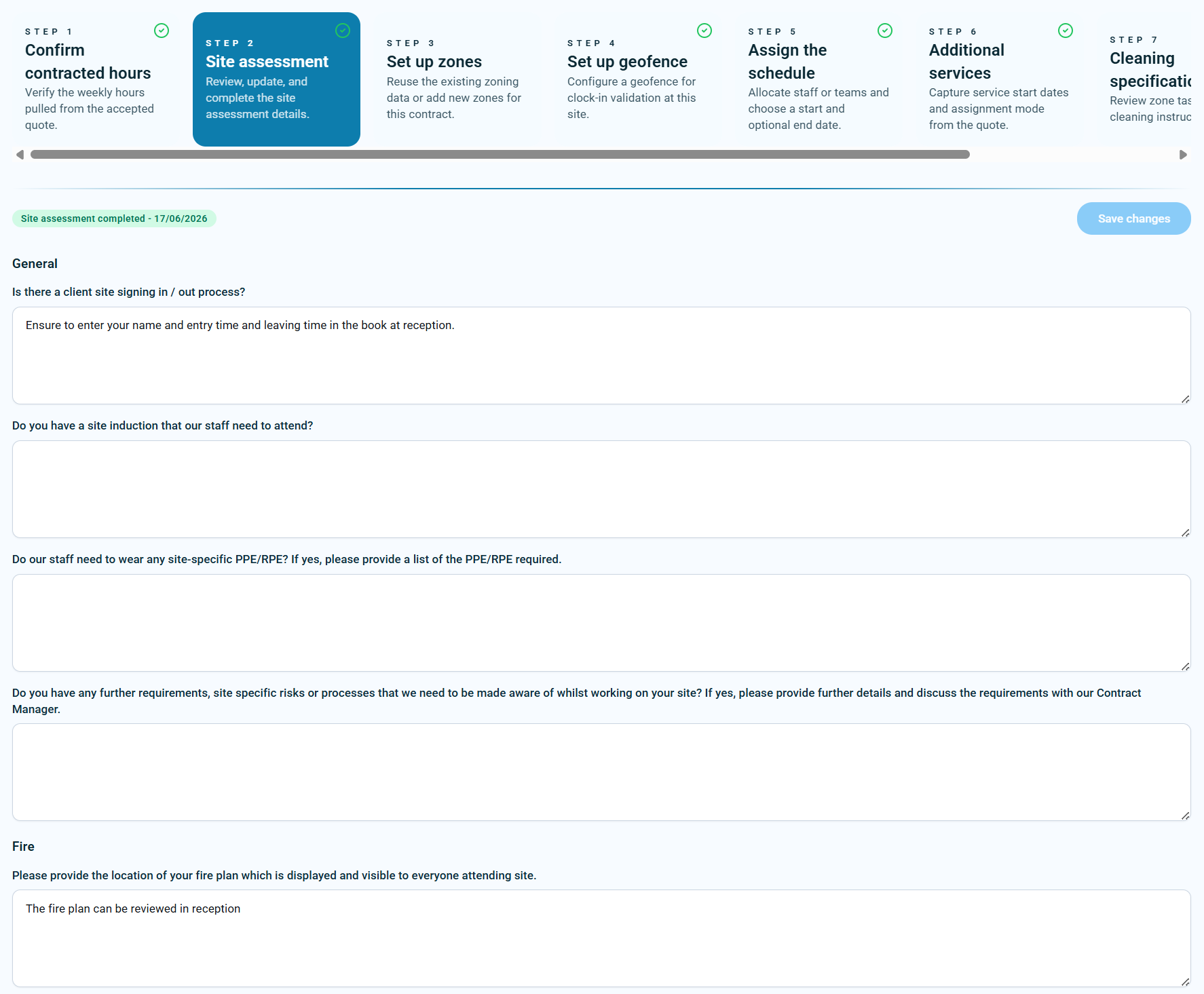 Schedule Wizard site assessment step showing completed site assessment questions