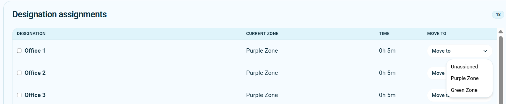 Move designation to another zone dropdown