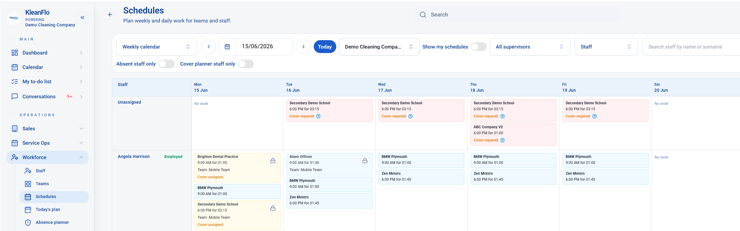 Schedule showing unassigned and covered work