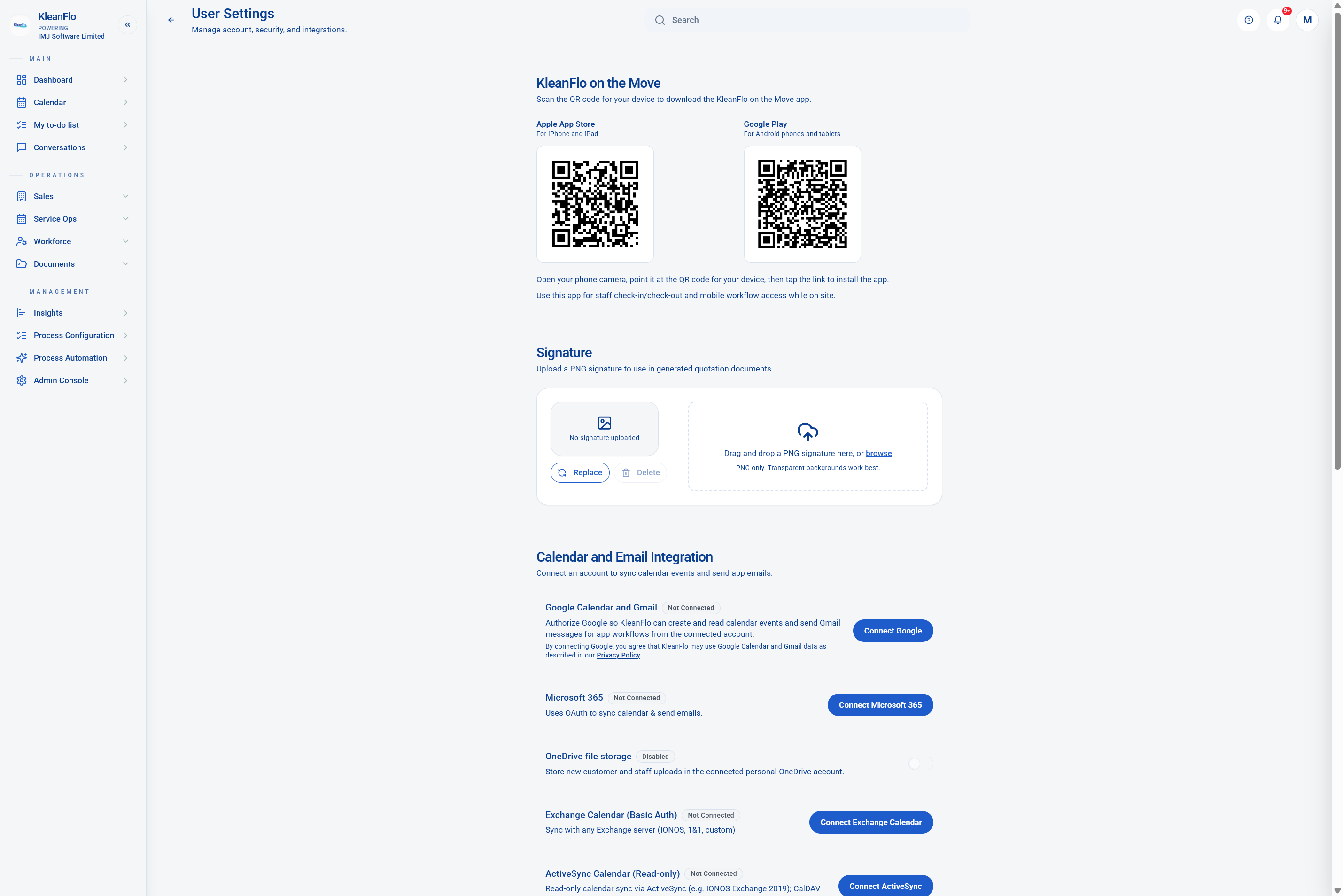 KleanFlo User Settings page showing mobile app QR codes, signature upload, and calendar and email integrations