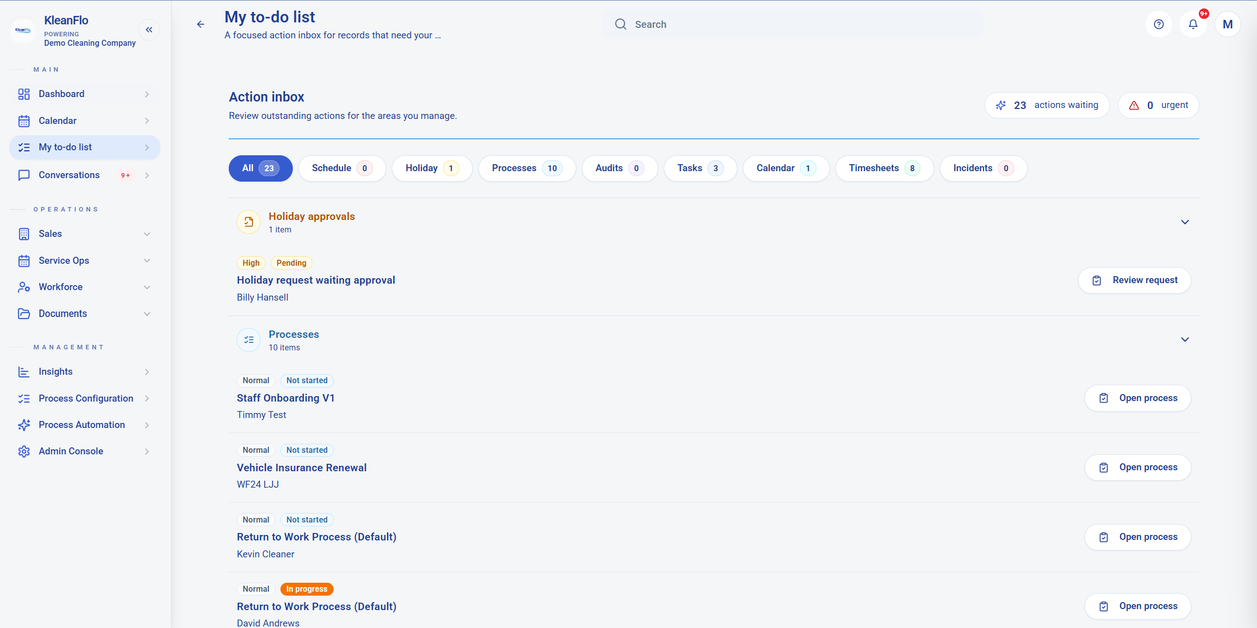 KleanFlo My to-do list action inbox