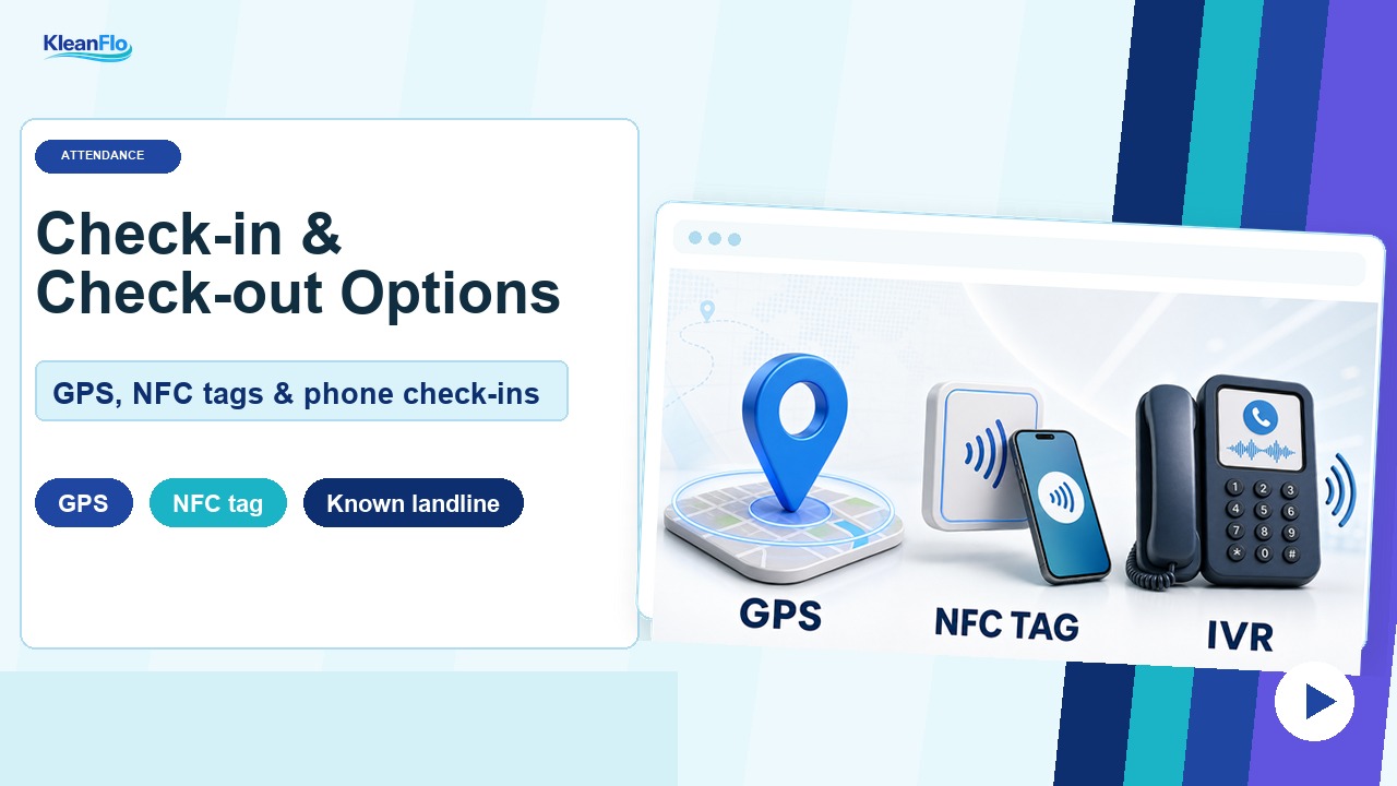 Check-in and check-out options video thumbnail covering GPS, NFC tags, and IVR phone check-ins